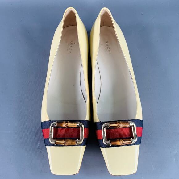 GUCCI Vintage 10 Vernice Beige Red Blue Patent Leather Web Bamboo Buckle Flats - Picture 4 of 15